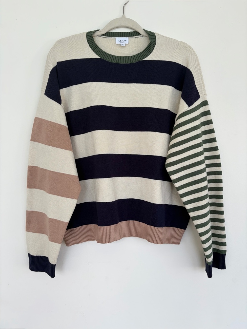 Le Lis Striped Crewneck Sweater in Navy, Cream, Olive & Taupe Size Medium